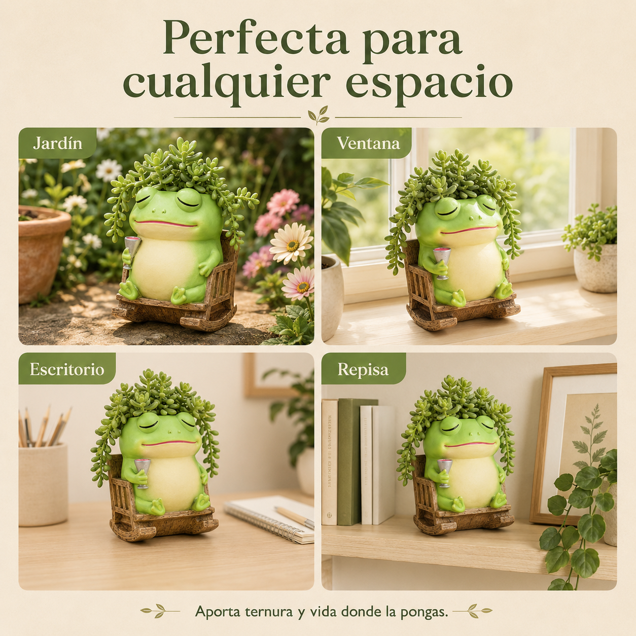 Potchi Rana en jardín, ventana, escritorio y repisa